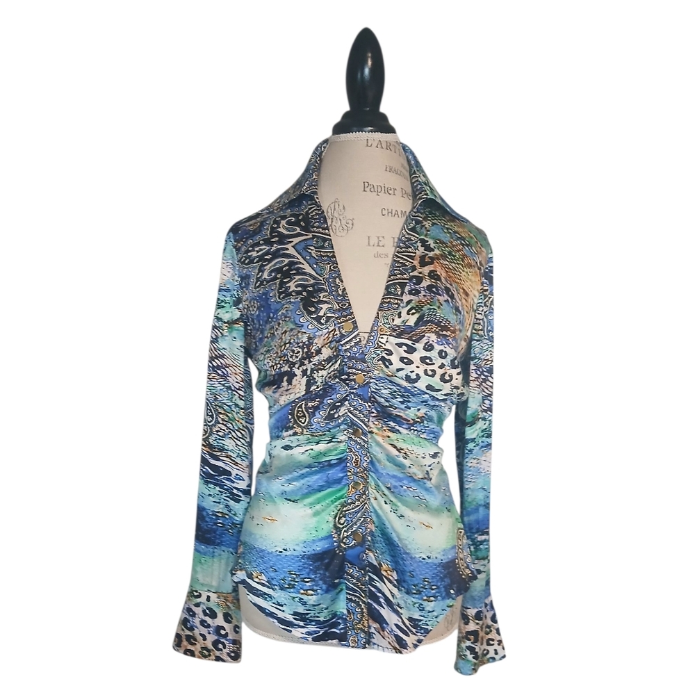 Vintage Caché Silk Abstract Rouched Shirt